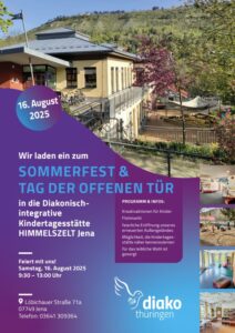 Plakat des Sommerfestes, zu sehen ist die Gebäudevorderseite mit dem Außengelände